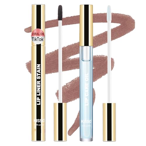 KISSIO Lip Liner Stain,Peel Off Lip Liner and Care Oil,Transfer Proof,Long Lasting and Waterproof Lips Tint,Matte Finish,Lips Combo,05 Light brown