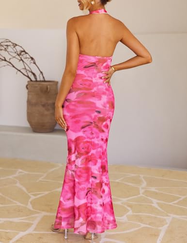 Image of ZESICA Women's Summer Floral Halter Neck Sleeveless Maxi Dress