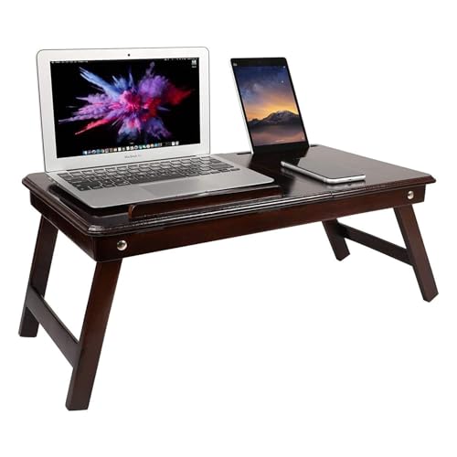 Image of Wooden Laptop Table Standard Adjustable Study Table with Laptop, Portable Lap Desk, Multifunctional Bed Table with Drawer and Folding Legs (Brown)