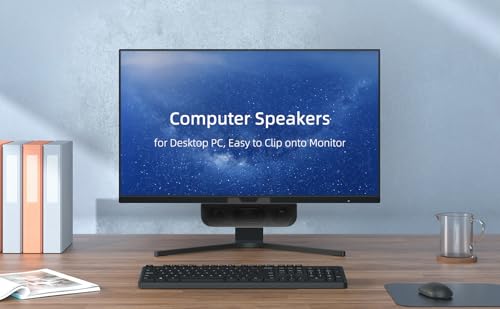 Image of Computer Speakers for Desktop PC, Monitor Speakers, USB Plug-in, Wired, External Speaker for Laptop, Small Computer Soundbar for PC, with Loud Sound, Deep Bass, USB-C Adapter, Easily Clamp to Monitor