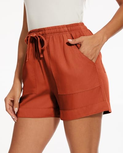 Smeng Womens Linen Shorts For Women Summer Comfy With Pockets Elastic Waist Bermuda Drawstring Hot Pants Orange Medium thumb #1