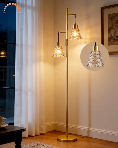 Image of 2-Light Modern Glass Floor Lamp, Gold Standing Tall Lamp with Amber Shell Glass Shade, Dimmable LED Floor Lamp with 5Lbs Heavy Base for Living Room Bedroom Home Decor, Bulb Included
