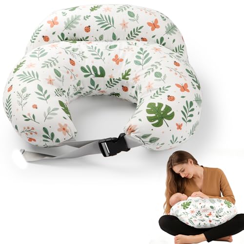 Cojín de lactancia pequeño en forma de luna, cojín de lactancia y almohada para mamás y bebé, con correa ajustable, borde de seguridad y cojín interior, funda extraíble de algodón, verde menta - verde