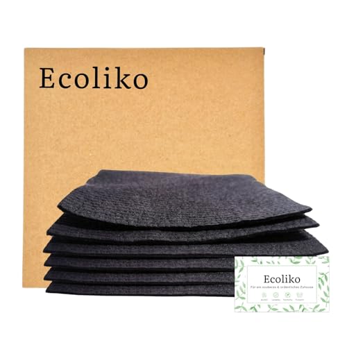 Ecoliko Paños de esponja ecológicos de fibra natural 100 %, paquete de 6 unidades en negro, paños de limpieza sostenibles para baño y cocina, sin microplásticos (seco - 16 x 17 cm, embalaje de papel)