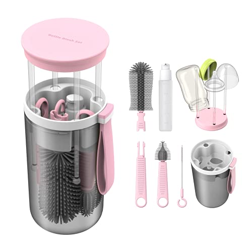 Image of TechoEcho Travel Baby Bottle Brush Set with Extendable Liquid Silicone Bottle Brush，Nipple Brush，Built-in Bottle Drying Rack，Straw Cleaner Brush，Baby Bottle Soap Dispenser，Bottle Warmer (Pink)