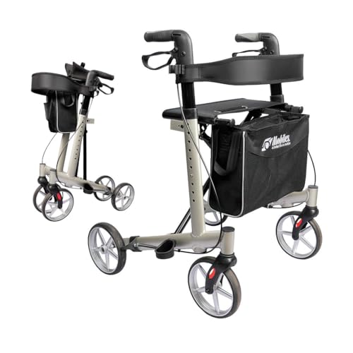 Mobilex Panther 2 Rollator, Aluminium Leichtgewicht 6,8 kg, Faltbar, mit Rückengurt und Tasche, bis 150 kg belastbar, Silber-Schwarz