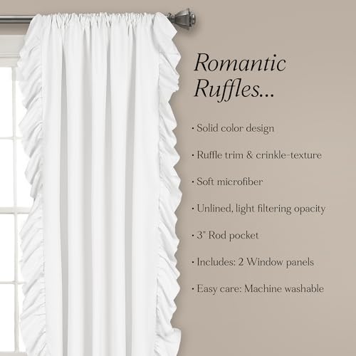 Image of Lush Decor Reyna Ruffle Window Curtain Panel Set, Pair, 54 inch W x 84 inch L, White - Flowy Curtain Set - Romantic Ruffle Curtains for Bedroom, Living room, or Dining Room - Farmhouse & Cottage Home Decor