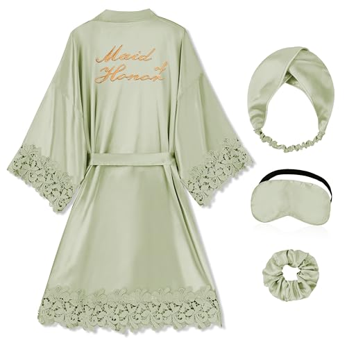 Image of EPLAZA Bride Robe for Wedding Day Set Bridal Robe Lace Trim Silky Embroidery Satin Kimono for Bridal Party