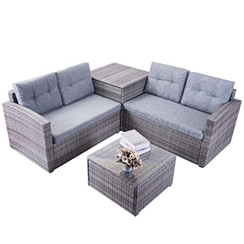 Leisure Zone Patio Furniture Set 4 Piece Pe Rattan Wicker Chairs Grey Cushion With Coffee Table With Storage Box Outdoor Indoor Sofa Grey Wantitall