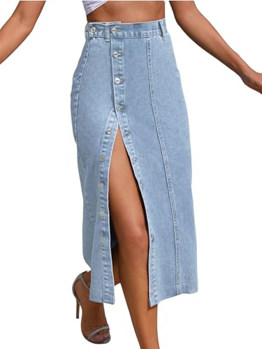 utcoco Women High Waisted Midi Jean Skirts Irregular Slit Hem Button Down Slim Fit Pencil Denim Skirt