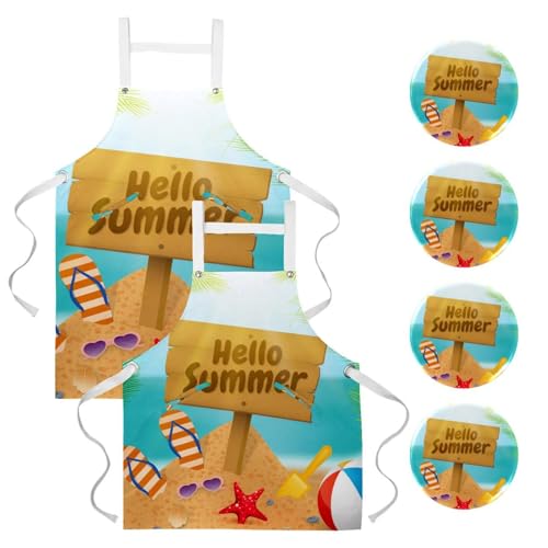 Lot de 2 tabliers de cuisine et serveuse multicolores Hello Summer Beach avec 4 broches
