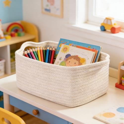 Panier de rangement en corde de coton tissé main blanc