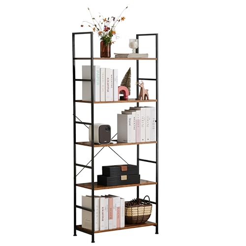 Image of HealSmart 5 Tier Bookshelf, Free Standing Book Shelf Home Office Bookcase Shelf Storage Organizer for Bedroom, Living Room, Bathroom, Office, Balcony, Rustic Brown