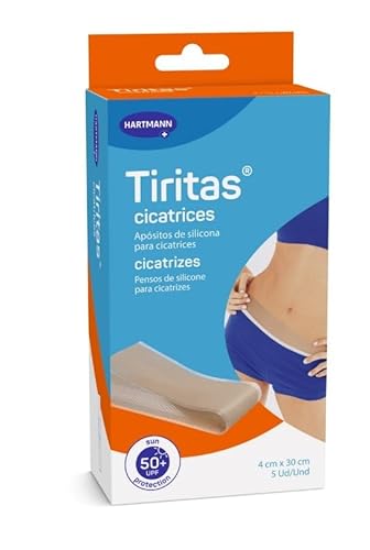 Tiritas Cicatrices, Apósito de Silicona, Previene y Trata Cicatrices Lineales, Hipertróficas y Queloides durante la Curación, Protección Solar FPS 50+, 4x30cm, 5uds