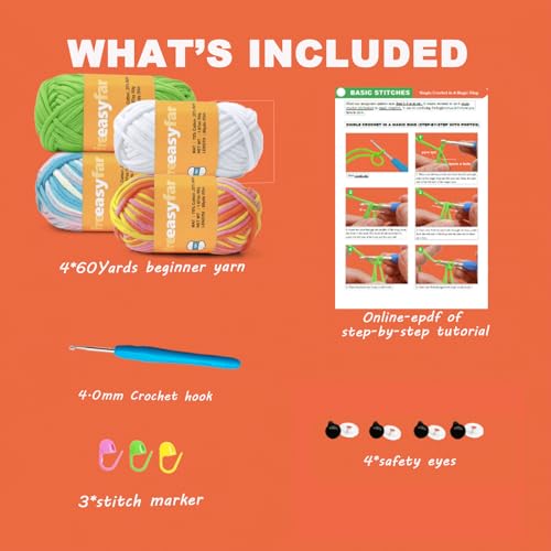 Image of 4x50g Beginner Easy Yarn Kit for Crocheting and Knitting; Worsted-Weight Medium #4;Crocheting and Knitting kit with Tool Set (Sunglow+Blue+Green+White, 4 Skein)