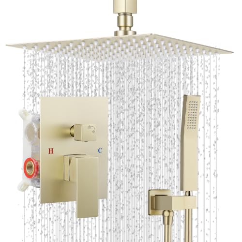 IUERASD 10" Square Ceiling Rain Shower Faucet Set, Brush Gold