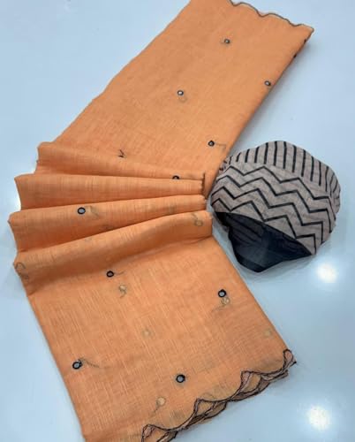 Image of Linen Cotton Saree with Black Mirror Work | New