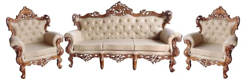 Image of Store Wooden Sofa Set 5 Seater Sofa Set Wood Carved Traditional Antique Look with Natural Finish Office & Lounge, for Living Room Furniture 3+1+1