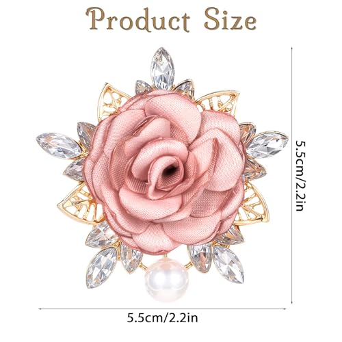 Image of Yuanchu Elegant Rose Flower Brooch Pin, Small Crystal Rhinestone Brooch Pin Dainty Cloth Rose Brooch Pin for Bride Wedding(Pink)