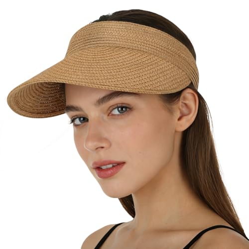 Oweisong Womens Beach Hat Summer Packable Straw Sun Hats Wide Brim Visor with Ponytail Hole Beach...