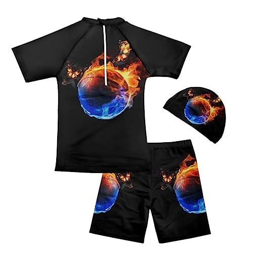 Youngerbaby Boys Swim Wear Rash Guard Swimsuits Kids Short Sleeve Sunsuit Sets with Swimming Cap…2