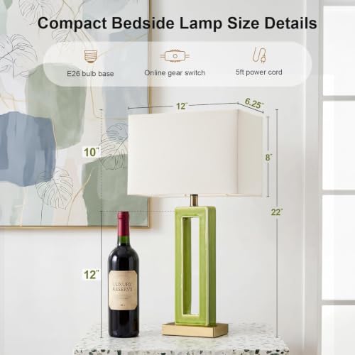 Image of 22 inch Modern Ceramic Table Lamps Set of 2, Green Crackle Glaze Hollow Bedside Lamps with Linen Shade, 5ft Cord Rotary Switch E26 Base Nightstand Lamps for Bedroom Living Room Entryway Decor