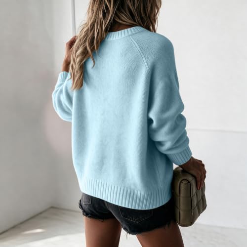 Crew Neck Sweater for Women Knit Long Sleeve Y2K Cute Fall Sweaters, Blue | Ribbed Hem, Crewneck, Business Casual, Lightweight, Knit Tops, Vacation, Office, Dressy, Soft, Hiking, Teacher Outfits - image 3