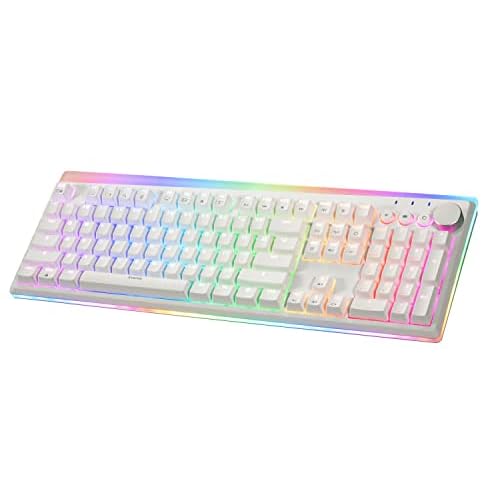 iRocks K71R Wireless RGB Mechanical Gaming Keyboard,Gateron Switches Brown,PBT 107 Keys NKRO,RGB Backlit, Pro Keyboard for Gaming and Work,Dual Interface Wireless & Wired, Windows Laptop PC Mac,White