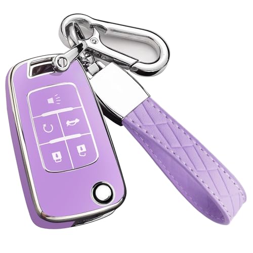 Cacacar for Chevy Key Fob Cover with Keychain Premium TPU Full Protection Key Fob Case for Chevrolet Equinox Camaro Cruze Malibu Sonic Buick Terrain (5 Buttons Purple)