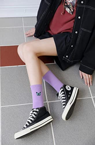 Image of Womens Calf Socks Embroidery Crew Socks Casual Dress Socks Cute Butterfly Socks For Girls 3 Pairs