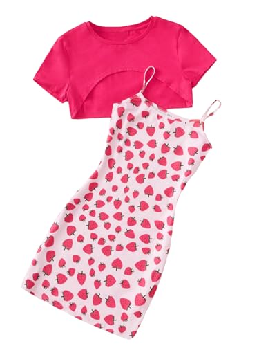 MakeMeChic Girl's 2 Piece Cute Outfit Crew Neck Crop Tops and Strawberry Cami Dress Set