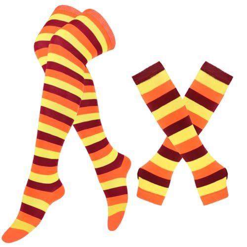 Image of SherryDC Womens Girls Cosplay Rainbow Striped Knee High Socks Leg Arm Warmer Fingerless Gloves Set