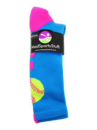 MadSportsStuff Softball Logo Crew Socks (Electric Blue/Neon Pink, Small)2