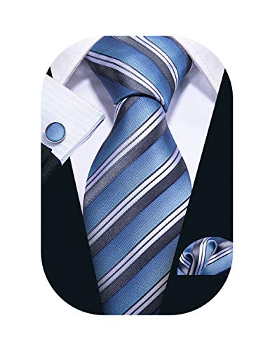 Image of Barry.Wang Tie Sets for Men Silk Stripe Necktie Woven Checkered Handkerchief Cufflinks Formal Business Wedding