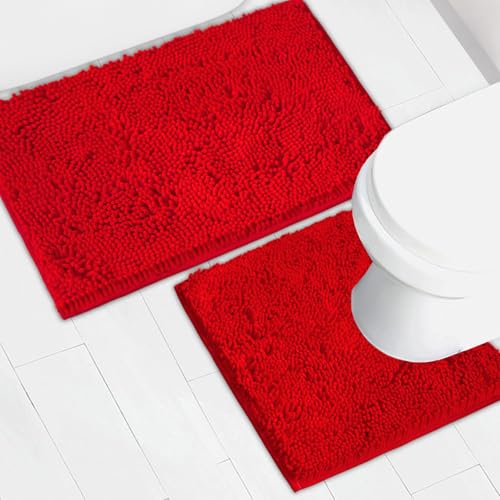 AINAHYVA Bathroom Rugs Chenille Bath mat 2 Piece Set Super Absorbent Strong PVC Non Slip Backing Bath mats for Bathroom Plush Shaggy Thick Machine Washable Bathtub Toilet.(Red)
