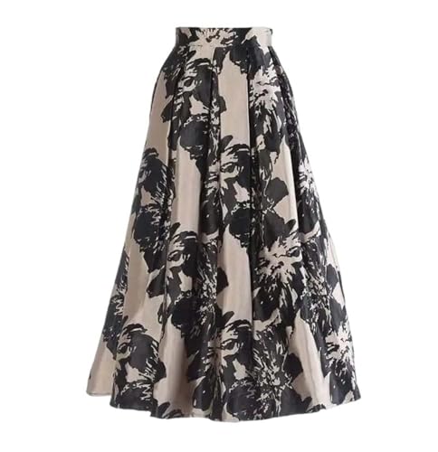 Women's Weekend Midi Skirt Office Vintage Prints Textured High Waist Zipper A-Line Long Skirts
