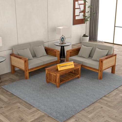 Image of Sheesham Wooden 4 Seater Sofa for Living Room | Solid Wood Sofa with Cane Side Panel | Rosewood Sofa Set for Home & Office | Lounge (Honey Finish, 4 Seater)