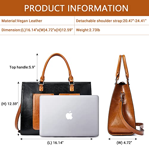 BROMEN Womens Briefcase Leather 15.6 inch Laptop Shoulder Bag Business Tote Handbag Black with Brown