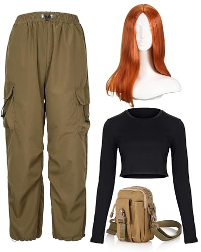 Funnysoft 4 Pcs Halloween Cosplay Costume Party Wig Long Straight Orange Long Sleeve Crop Top Cargo Pants Waist Bag (L)