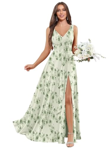Image of BOLENSYE Bridesmaid Dresses Long Ruched Ruffles Chiffon A Line Evening Party Gown with Pockets Slit