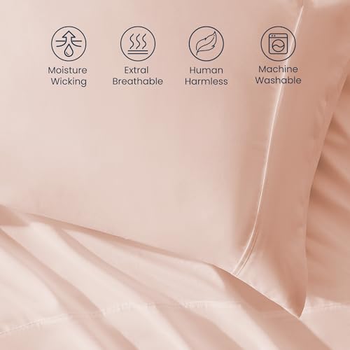 SLEEP ZONE Nanotex Super Soft Cooling King Bed Sheets Set for Kids 3 Piece - Easy Care Fitted Flat Sheet & Pillowcase Sets - Wrinkle Free,Fade Resistant,Deep Pocket 16",Rose Pink,King