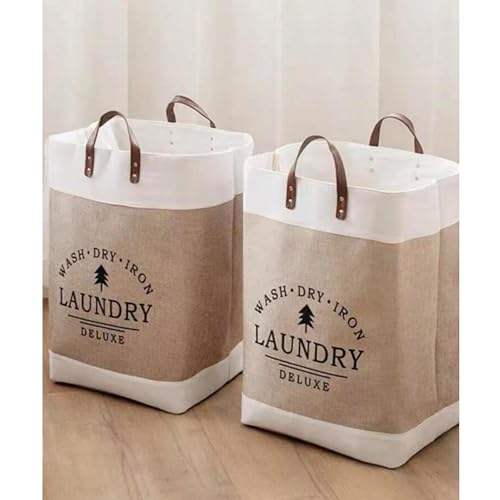 HealthyMoov panier à linge LAUNDRY deluxe poignées en cuir sac de rangement pliable pour vêtements et draps en LIN léger à transporter graphisme moderne 1 pièce
