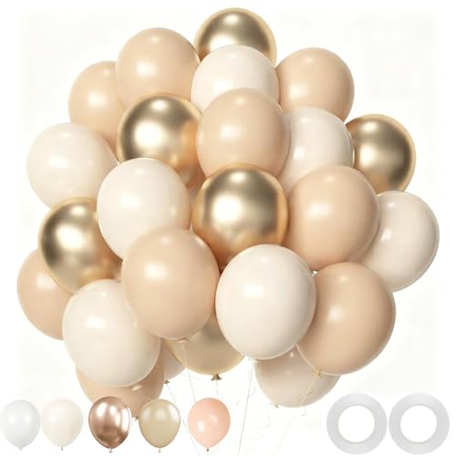 Image of 60 pcs White and Gold Balloons, 12 Inch White Sand Gold Metallic Latex Balloons, Beige party supplies for Boho Birthday Baby Shower Engagement Wedding Anniversary Party Decorations