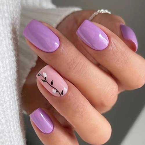 Square Press On Nails Short Fake Nails Purple Coffin Full Cover False Nails With Flower Vine Leaf Designs Acrylic Nails Glossy Glue On Nails For Women Summer Static Stick On Nails Daily Wear 24Pcs #TOP15