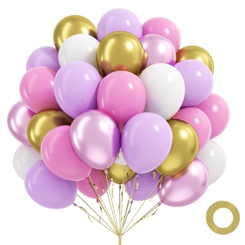 Ecumutex 60pcs Pink and Purple Balloons 12inch White Pastel Purple Metallic Pink Gold Balloons for Pastel Baby Shower Birthday Party Decorations