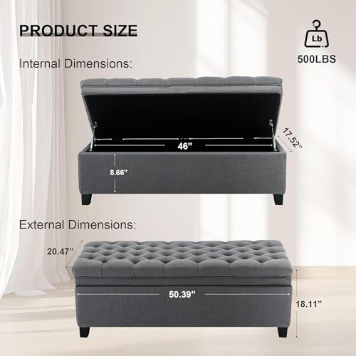 Image of 51 inch Storage Ottoman for Bedroom & Living Room, End of Bed Bench with Black Wooden Legs, Linen Upholstered Tufted Ottoman, Entryway Storage Bench,Dark Grey