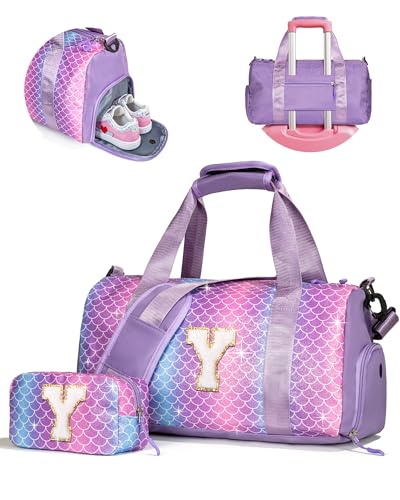 Christmas Gifts for Kids-Girl Gym Bag with Shoe Compartment, Kid Personalized Weekender Overnight Bags, Initial Travel Tote with Makeup Pouch, Graduation Gift for Girls (Letter Y)