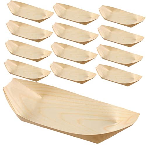 STOBAZA 60Pcs Wooden Sushi Serving Tray Premium Food Grade Wood Bowls for Appetizers Snacks and Desserts for Parties Dinners and Catering Boat Shape Design