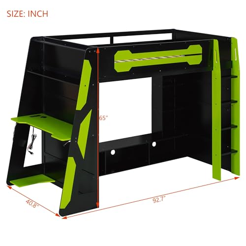 Image of Harper & Bright Designs Twin Size Wood Loft Bed with Desk and Multi-Storage Shelves, Wooden Gaming Loft Bed Frame with RGB Light, Space-Saving Bed with Safety Guardrail, Green