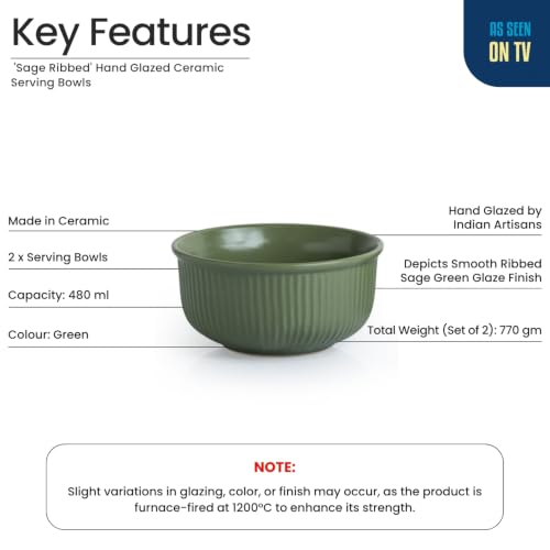 Image of ExclusiveLane 'Sage Ribbed' Hand Glazed Ceramic Bowls for Serving Bowl Set (Set of 2, 480 ml, Microwave Safe, Dishwasher Safe, Green) | Kitchen Bowl Ceramic Serving Bowls for Snacks Serveware